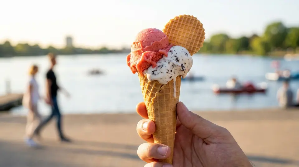 Nahaufnahme von frisch zubereitetem Erdbeereis in einem Eiskübel, cremig und leuchtend rot