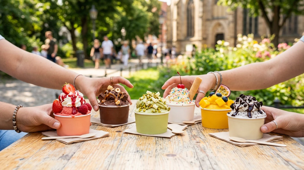 Ein Paar genießt gemeinsam eine Kugel handgemachtes Eis auf der gemütlichen Quaderlandschaft in der Eismanufaktur Nicezeit in Hannover.